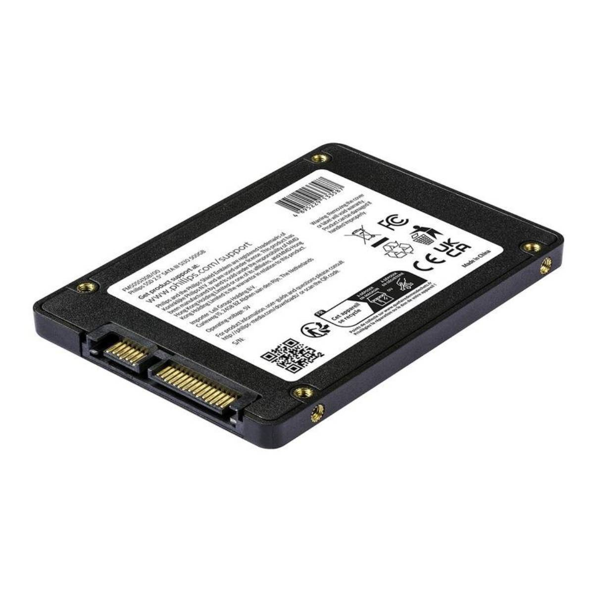 Schwarze SSD mit SATA-Anschluss, Produktinformationen auf Etikett.