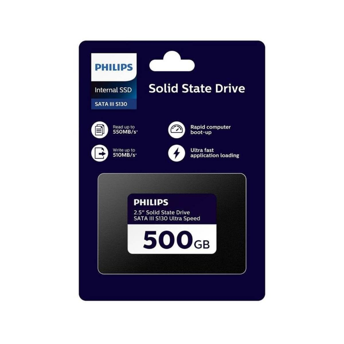 Philips 500GB interne SSD mit SATA III S130, 550MB/s Lesen, 510MB/s Schreiben.