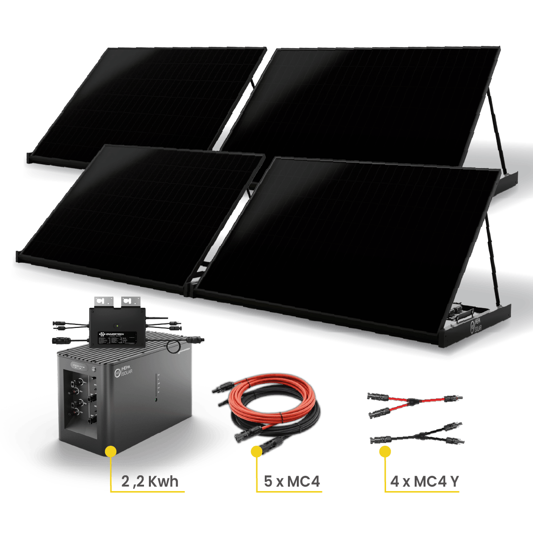 Vier schwarze Solarmodule mit Wechselrichter, Kabeln und MC4-Steckern.