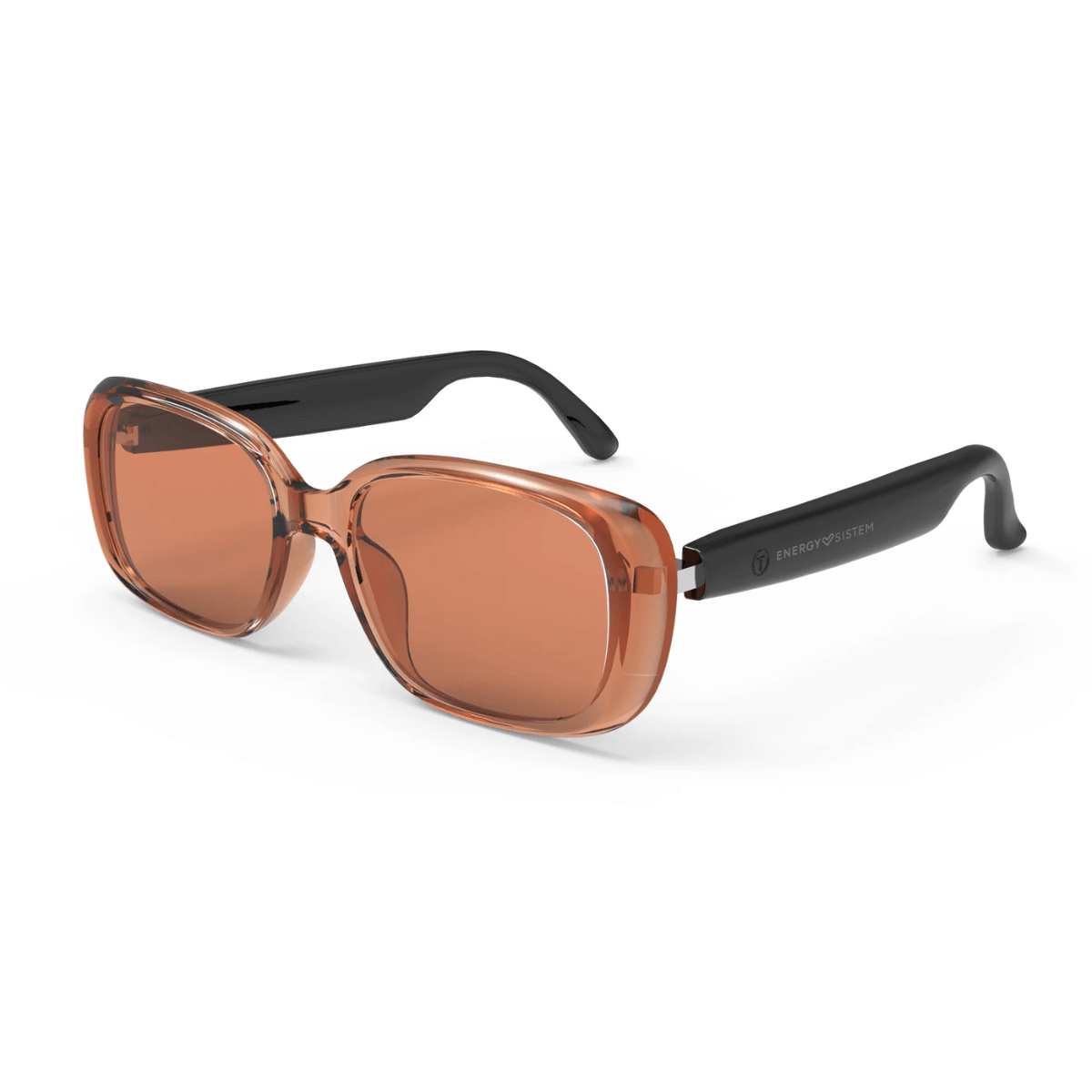Transparente braune Sonnenbrille mit schwarzen Bügeln und braunen Gläsern.