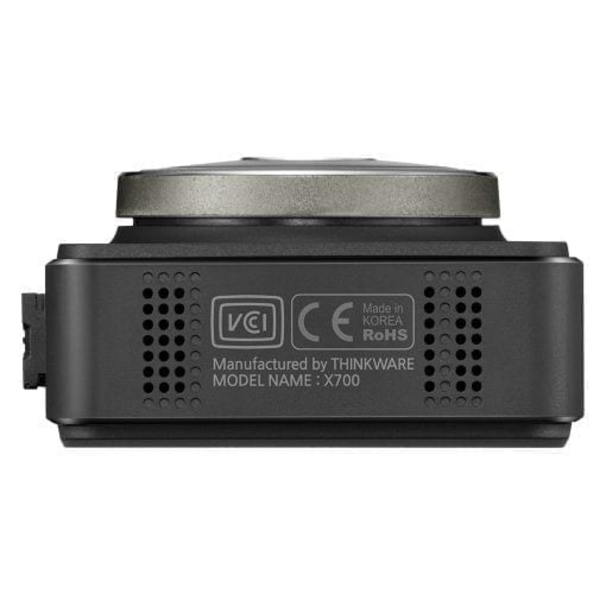 Rückseite eines schwarzen THINKWARE X700 Dashcams mit CE- und RoHS-Siegeln.