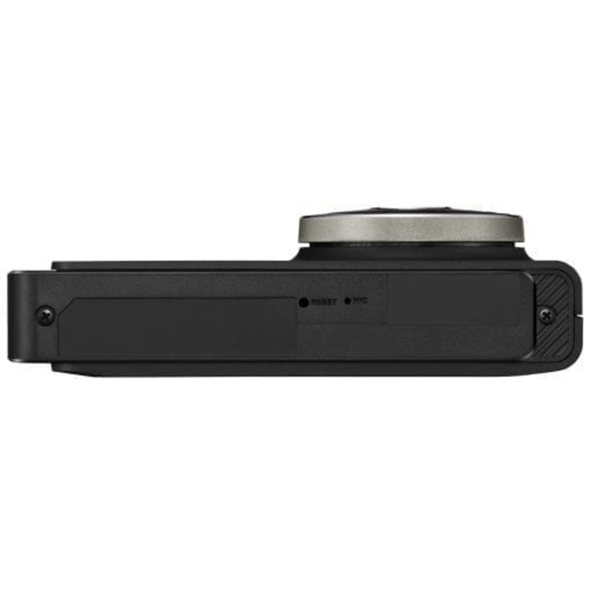 Schwarzes technisches Gerät mit silbernem Knopf oben und Mikrofon-/Reset-Markierungen.