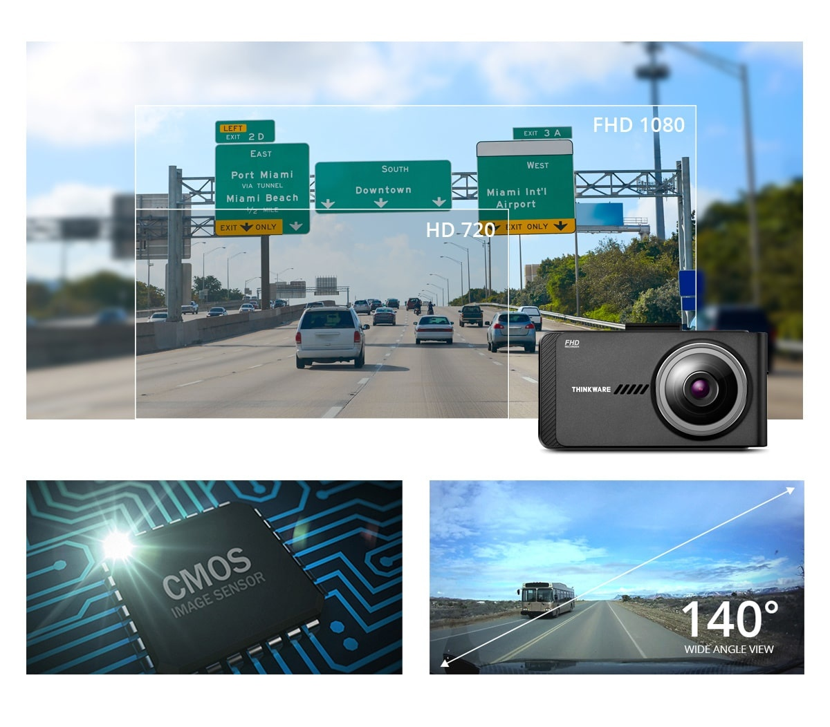 Autokamera auf Autobahn und Komponenten: CMOS-Sensor, 140°-Weitwinkelansicht.