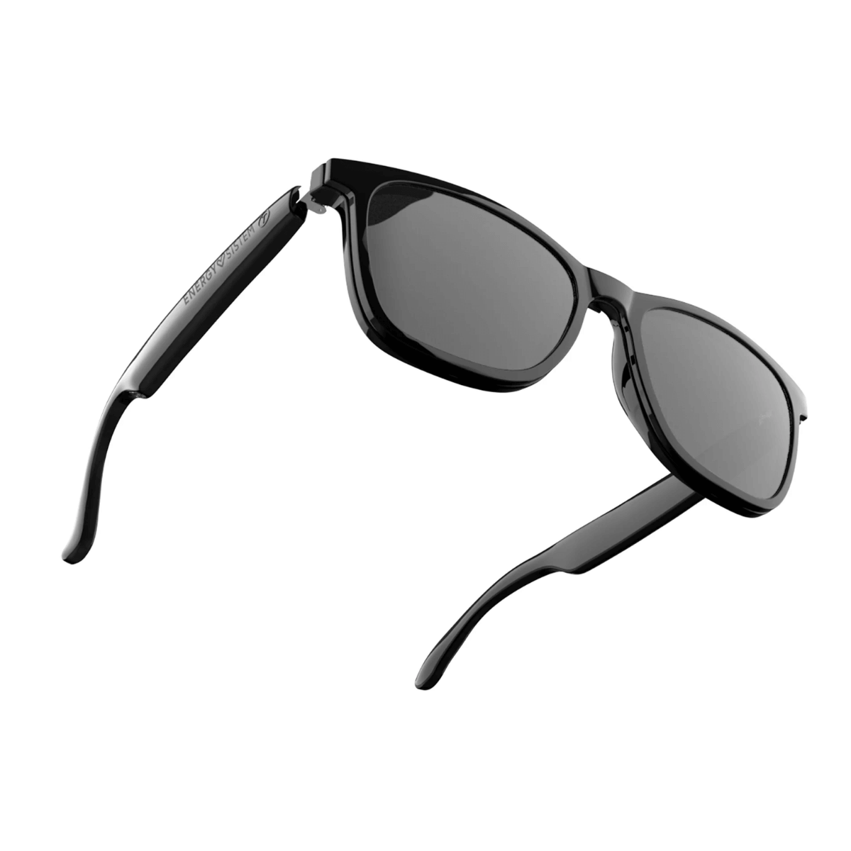Schwarze Sonnenbrille mit getönten Gläsern und einem weißen Hintergrund.
