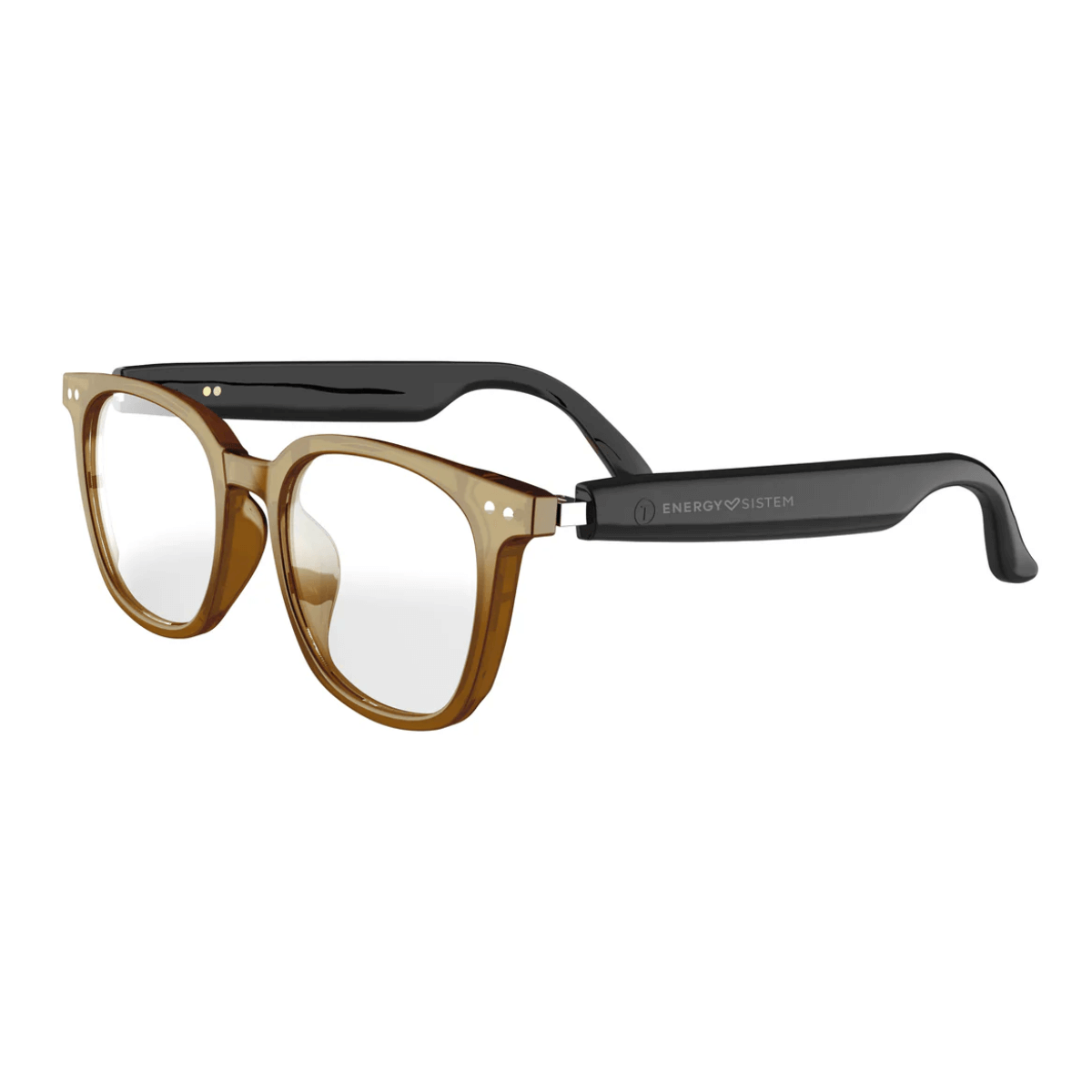 Braune smarte Brille mit schwarzen Bügeln auf weißem Hintergrund.