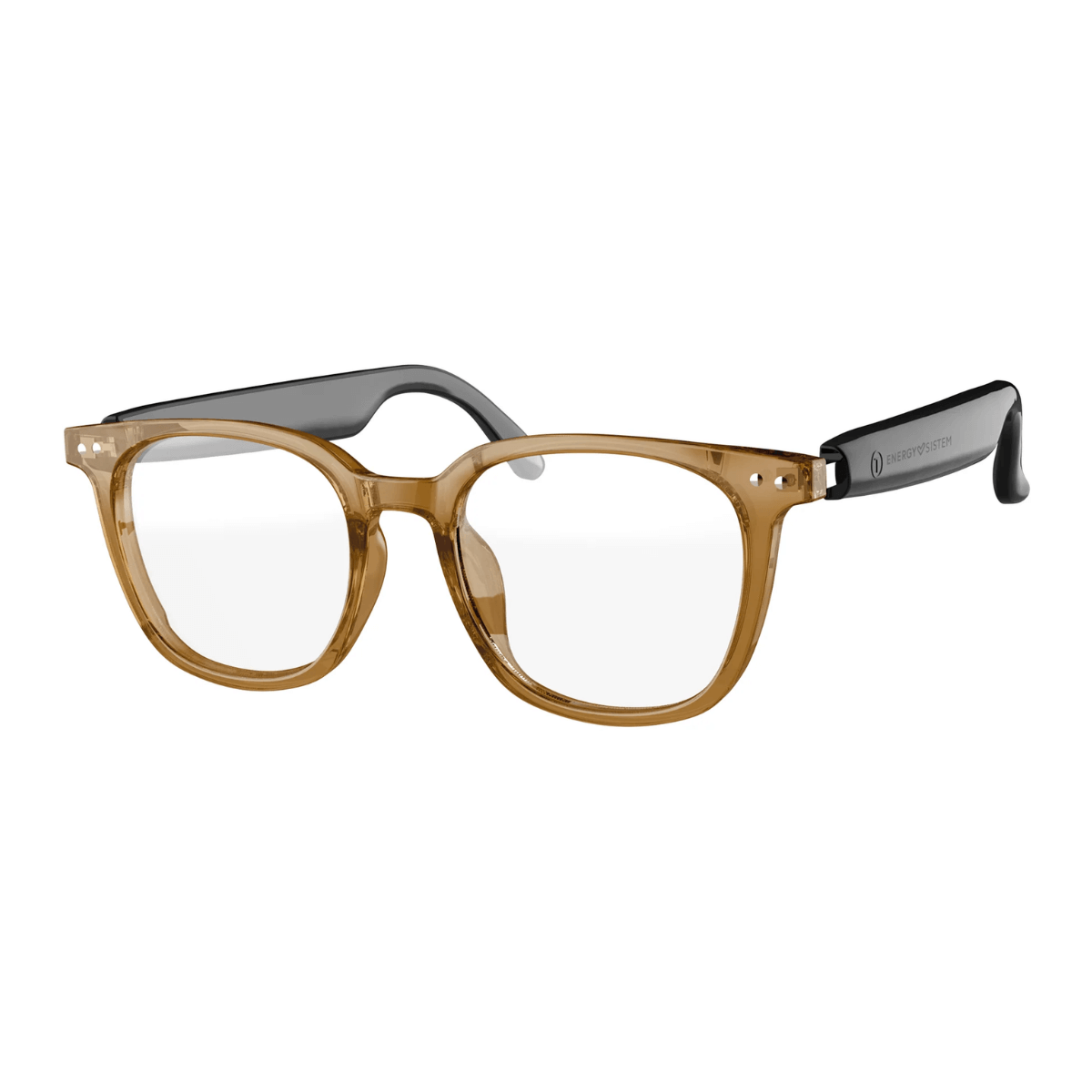 Braune Brille mit klaren Gläsern und schwarzen Bügeln mit Logo.