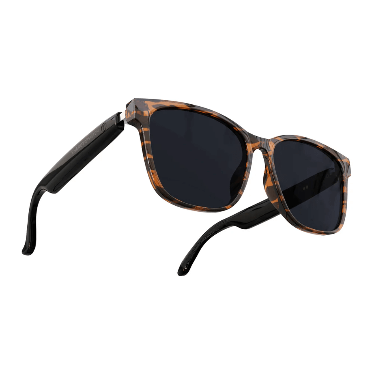 Braune Schildpatt-Sonnenbrille mit schwarzen Gläsern und Bügeln.