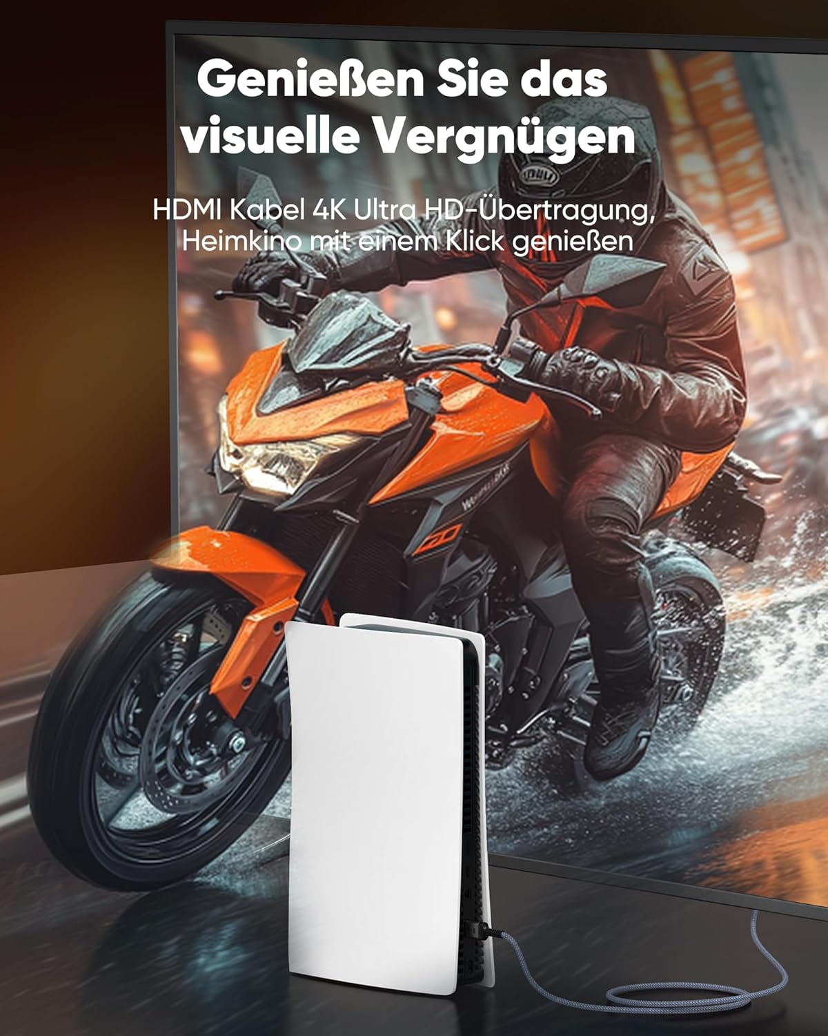 Biała konsola stoi przed ekranem z motocyklistą.