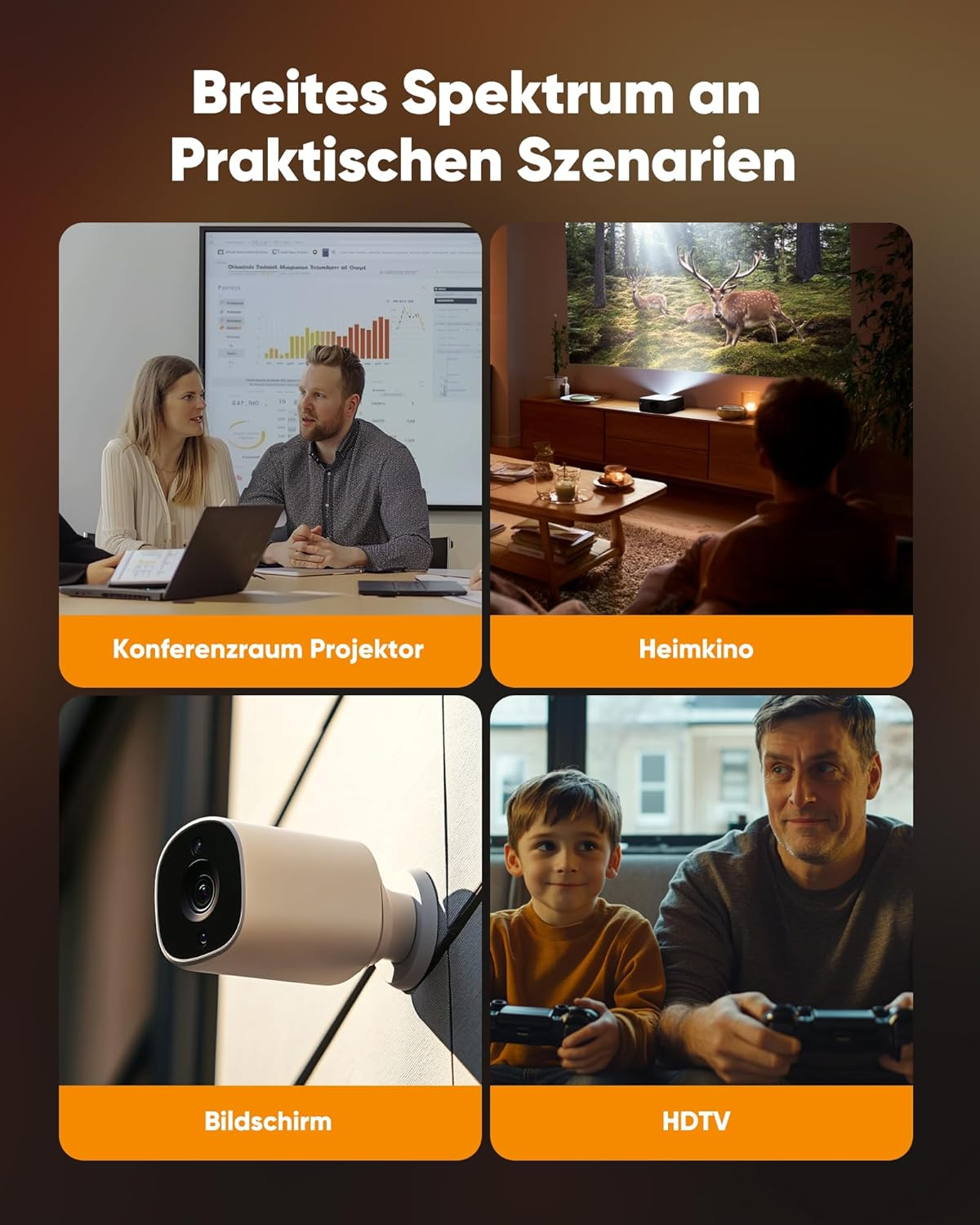 Cztery sceny: sala konferencyjna, kino domowe, kamera, ojciec i syn grają