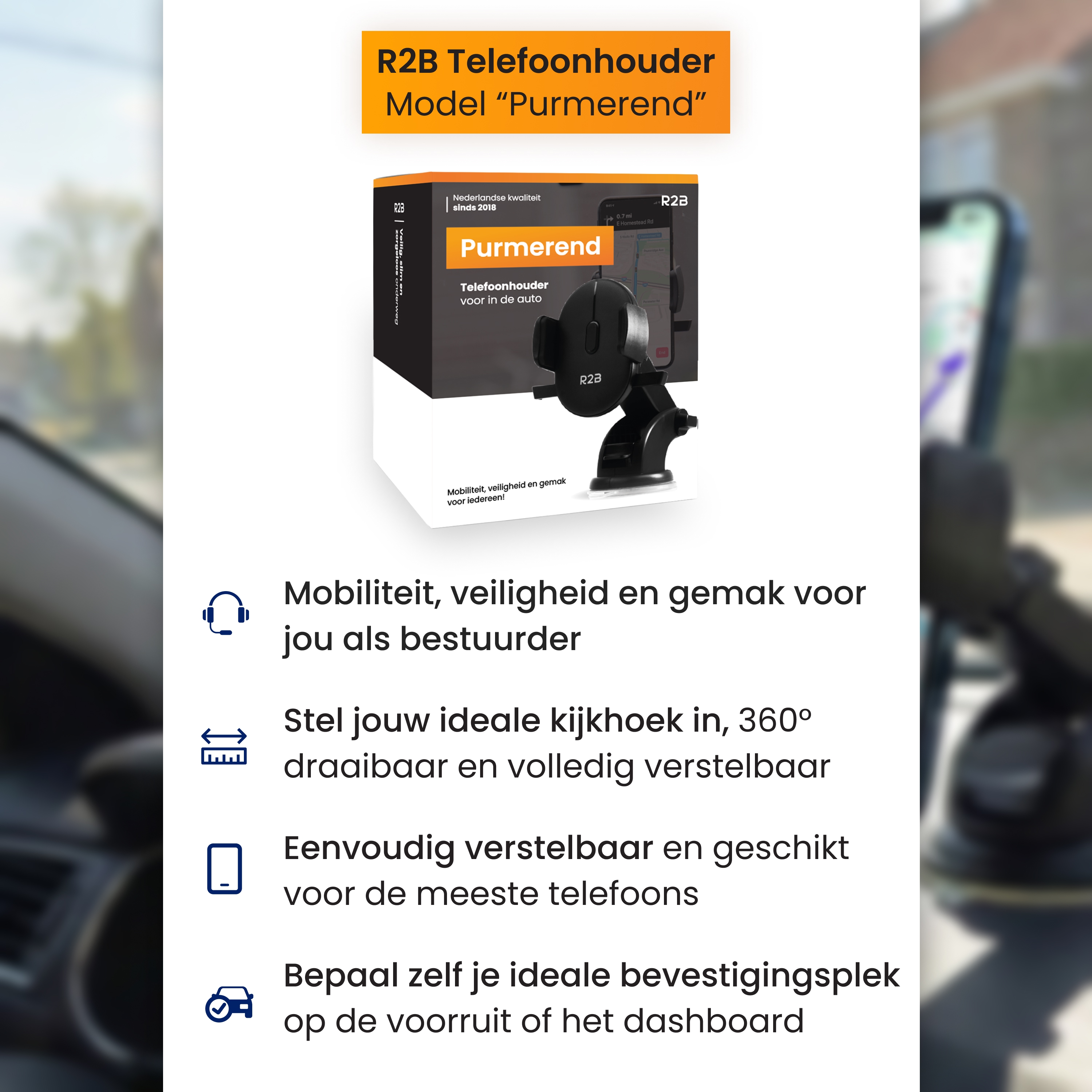 R2B "Purmerend" Handyhalterung für Autos, verstellbar, sicher, bequem.