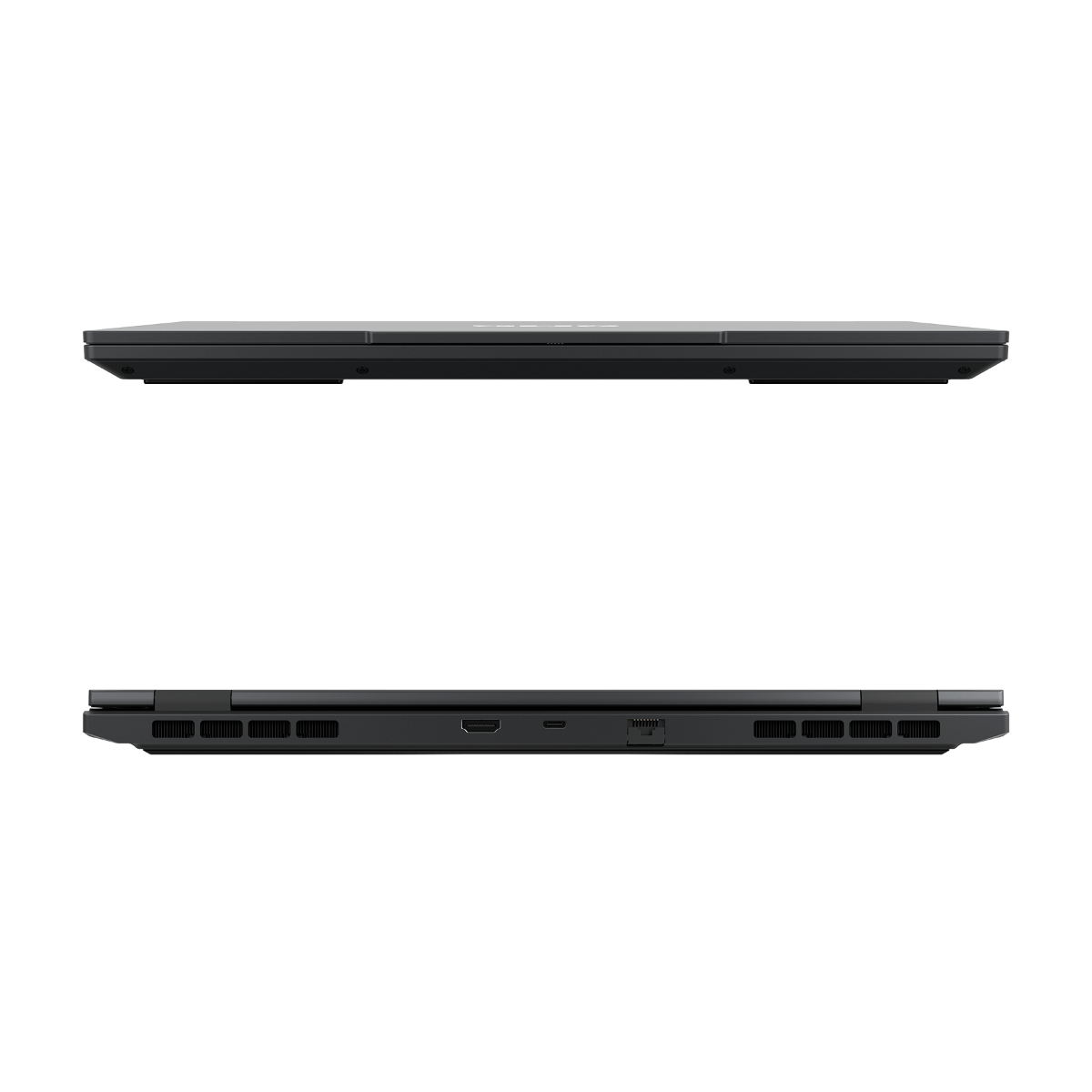Draufsicht und Seitenansicht eines geschlossenen schwarzen Laptops mit Anschlüssen.