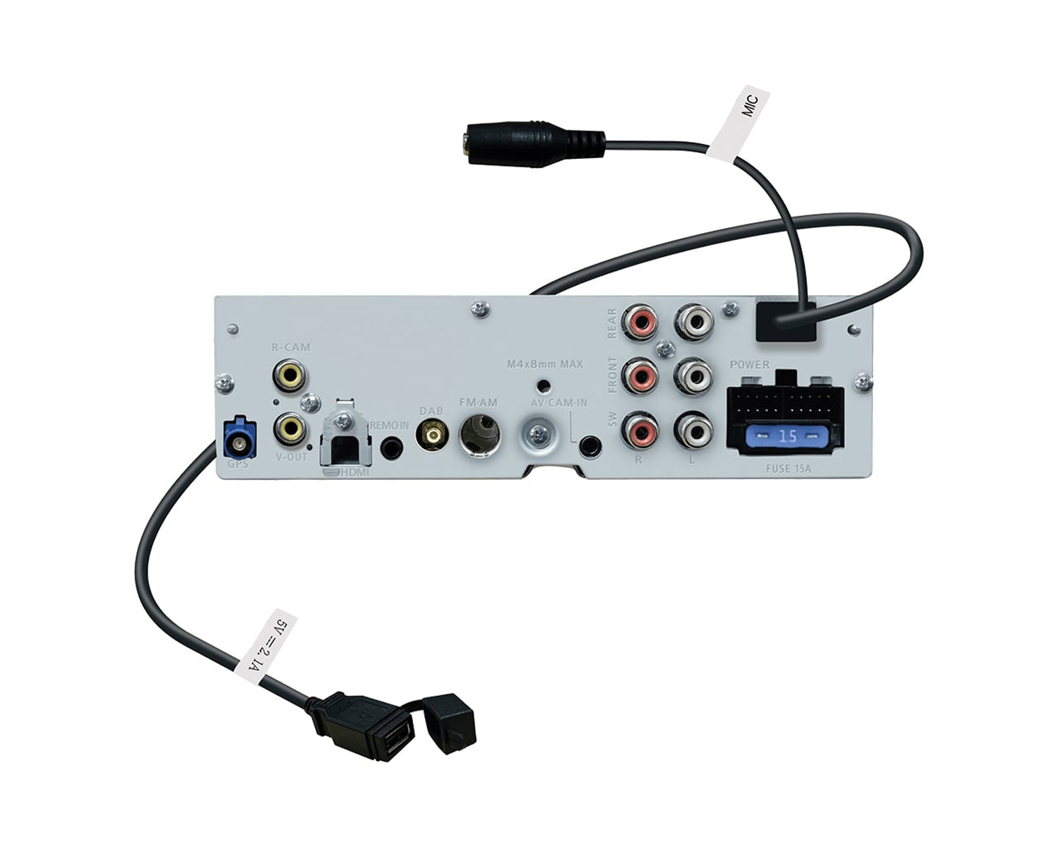 Rückseite eines Autoradios mit Anschlüssen: GPS, V-OUT, HDMI, R-CAM, DAB, FM/AM, AV/CAM-IN, MIC, Stromversorgung.