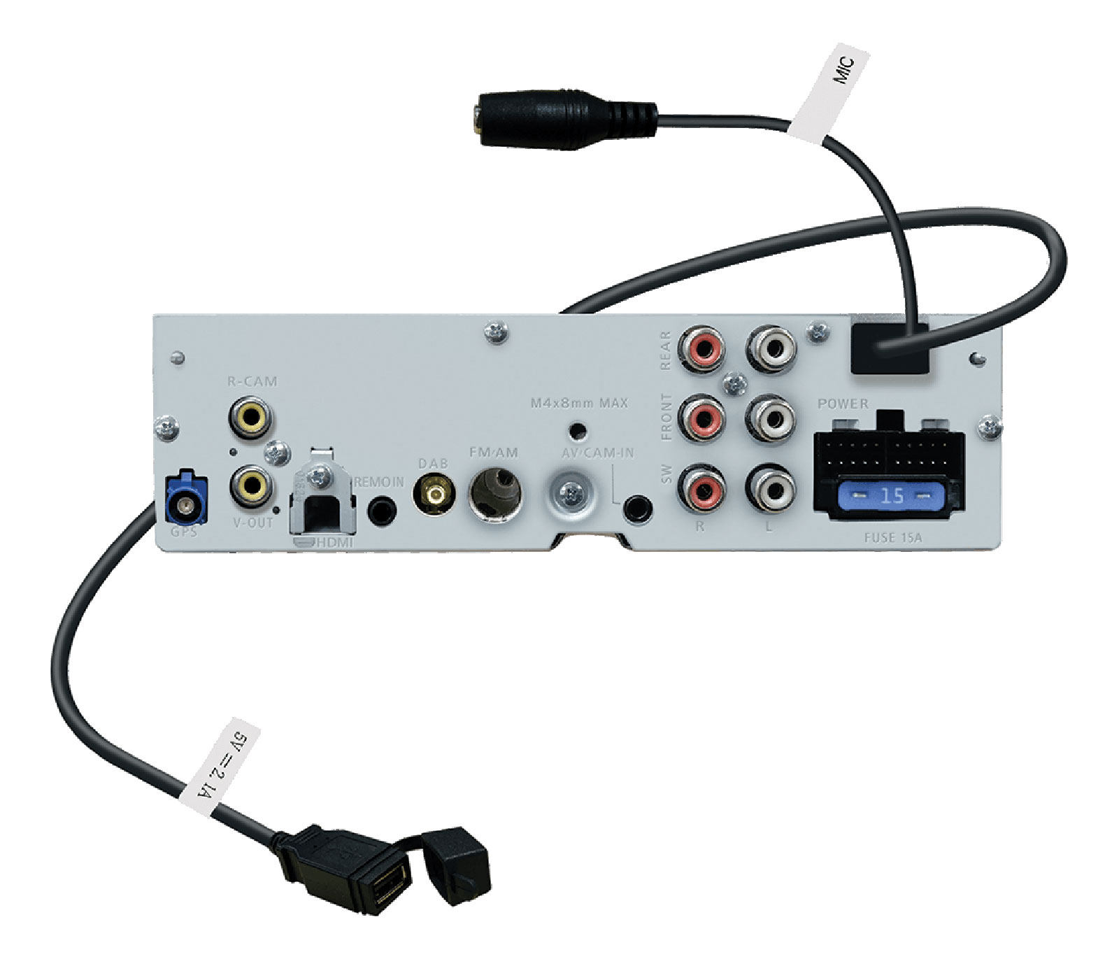 Rückseite eines Autoradios mit Anschlüssen: GPS, USB, HDMI, Audio/Video-Ein-/Ausgänge, Stromversorgung und Sicherung.