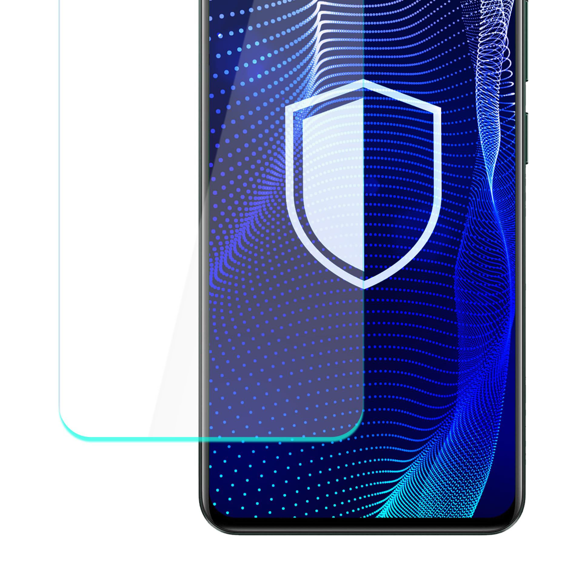Una protezione per lo schermo su uno smartphone con icona a scudo e motivo a onde blu.