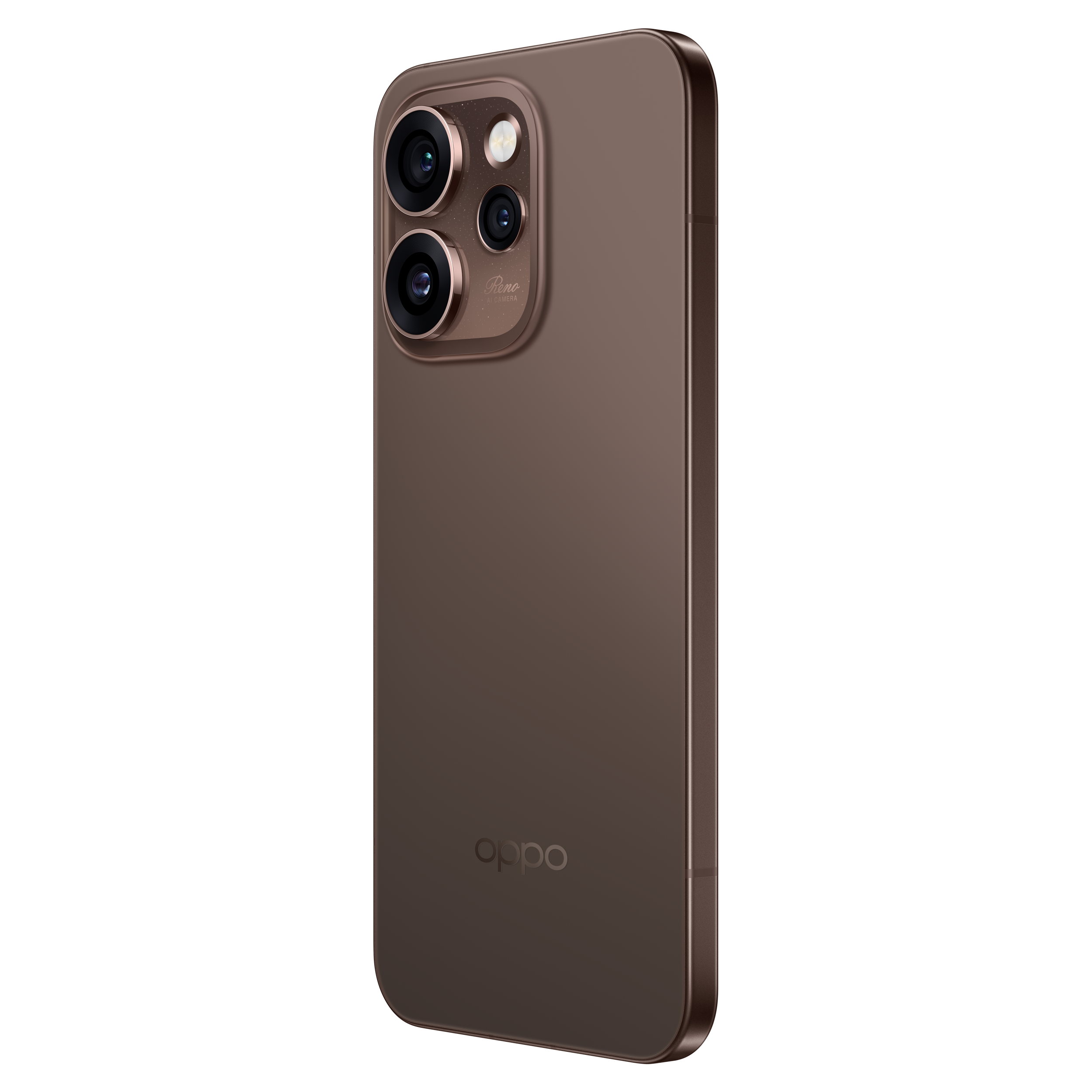 Un smartphone marron avec trois caméras et logo Oppo.