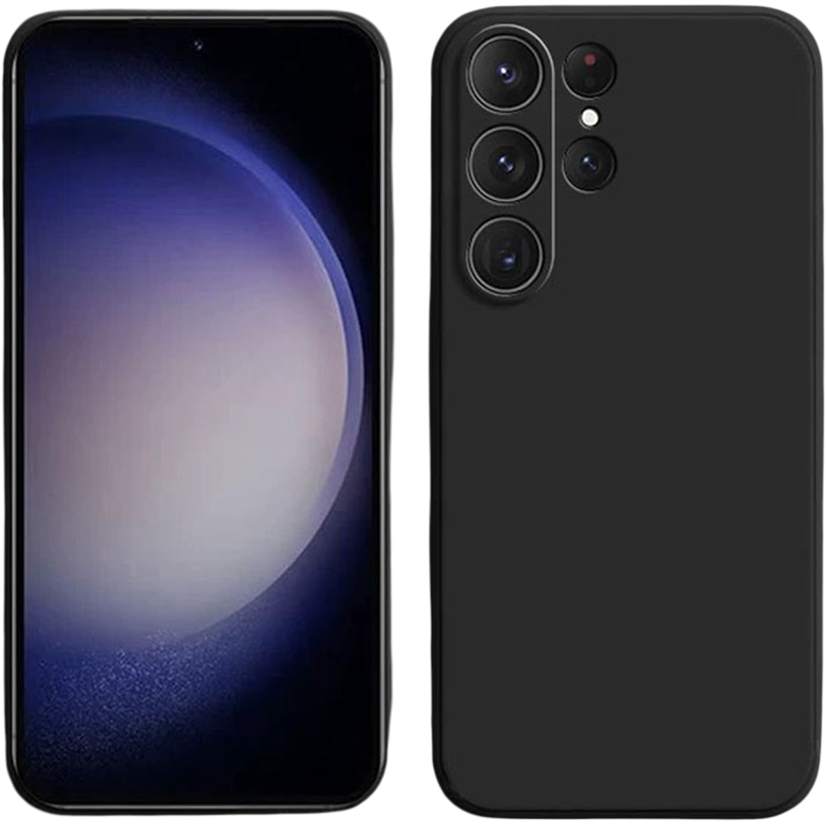 Schwarzes Smartphone mit Kameras auf der Rückseite und einem hellen Bildschirm.