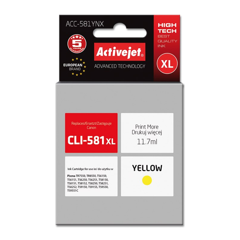 Emballage d'une cartouche d'encre jaune Activejet CLI-581 XL, 11,7 ml.