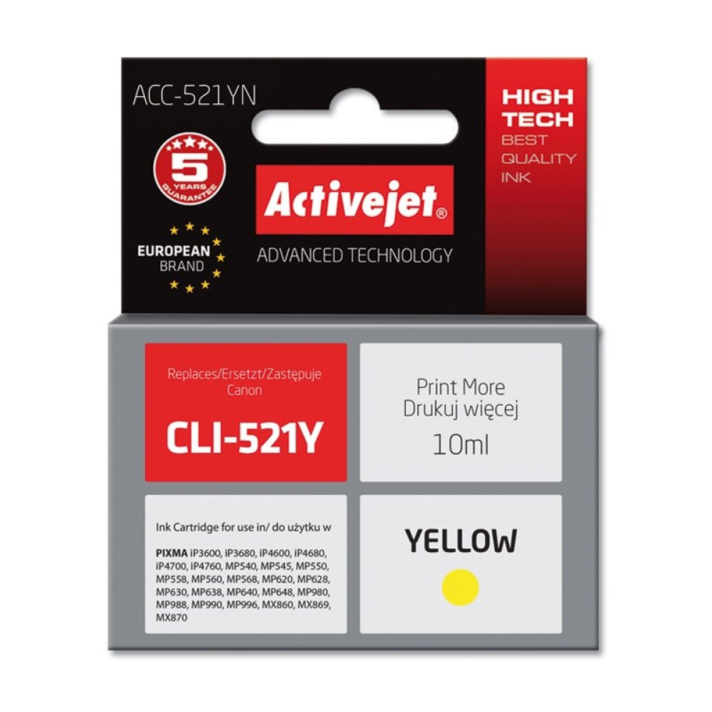Verpakking voor een Activejet CLI-521Y gele inktcartridge.