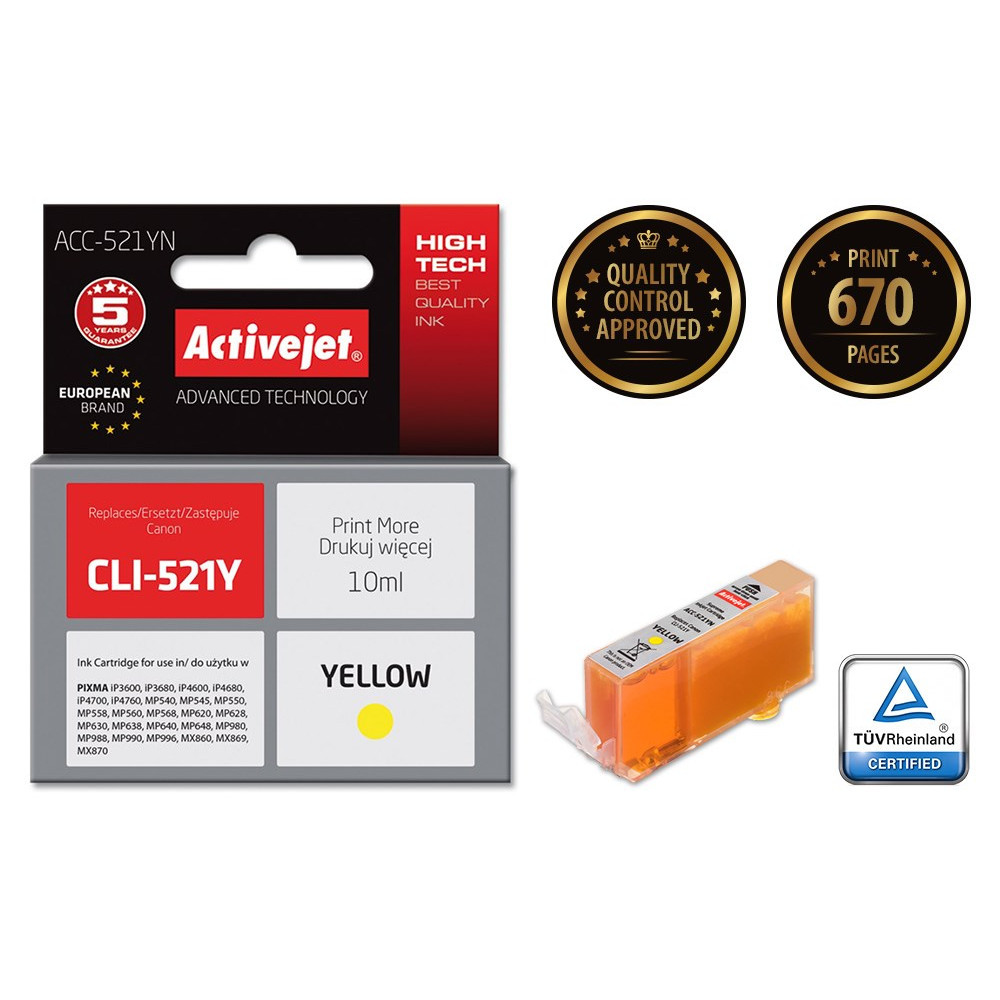 Verpakking Activejet gele inktcartridge met kwaliteitskeurmerken.