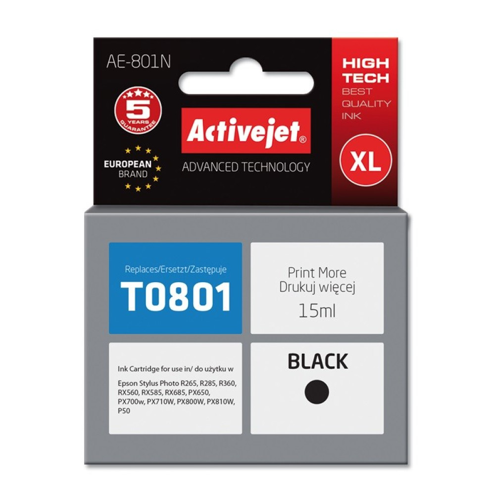 Opakowanie czarnego tuszu XL Activejet T0801 do drukarek Epson.