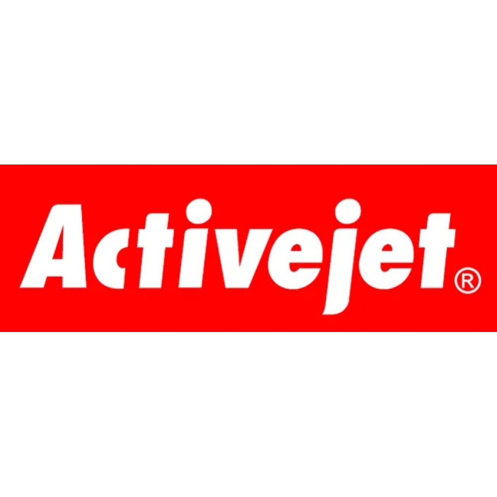 Logo Activejet na czerwonym tle. Biały napis.