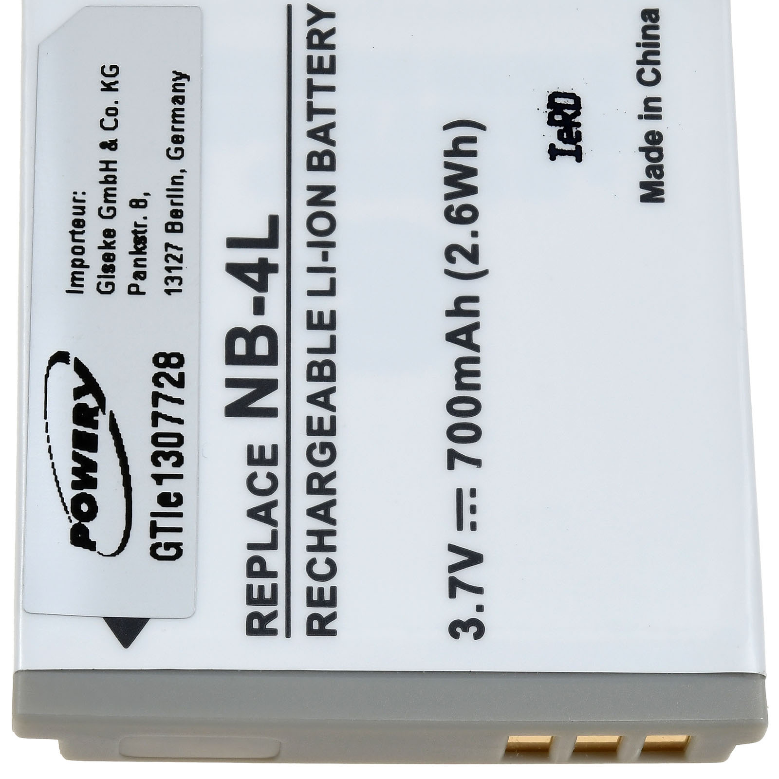 Batería blanca NB-4L, 3,7V 700mAh, con logo POWERY y Made in China.