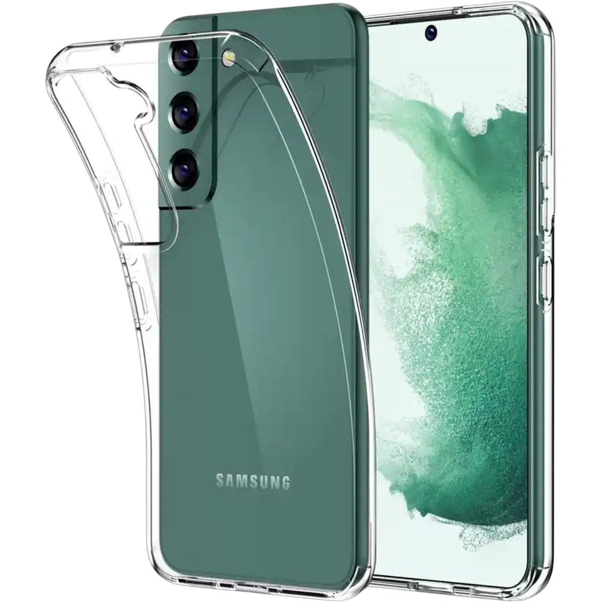Ein transparenter Handyschutz umhüllt ein grünes Samsung Smartphone mit drei Kameras.