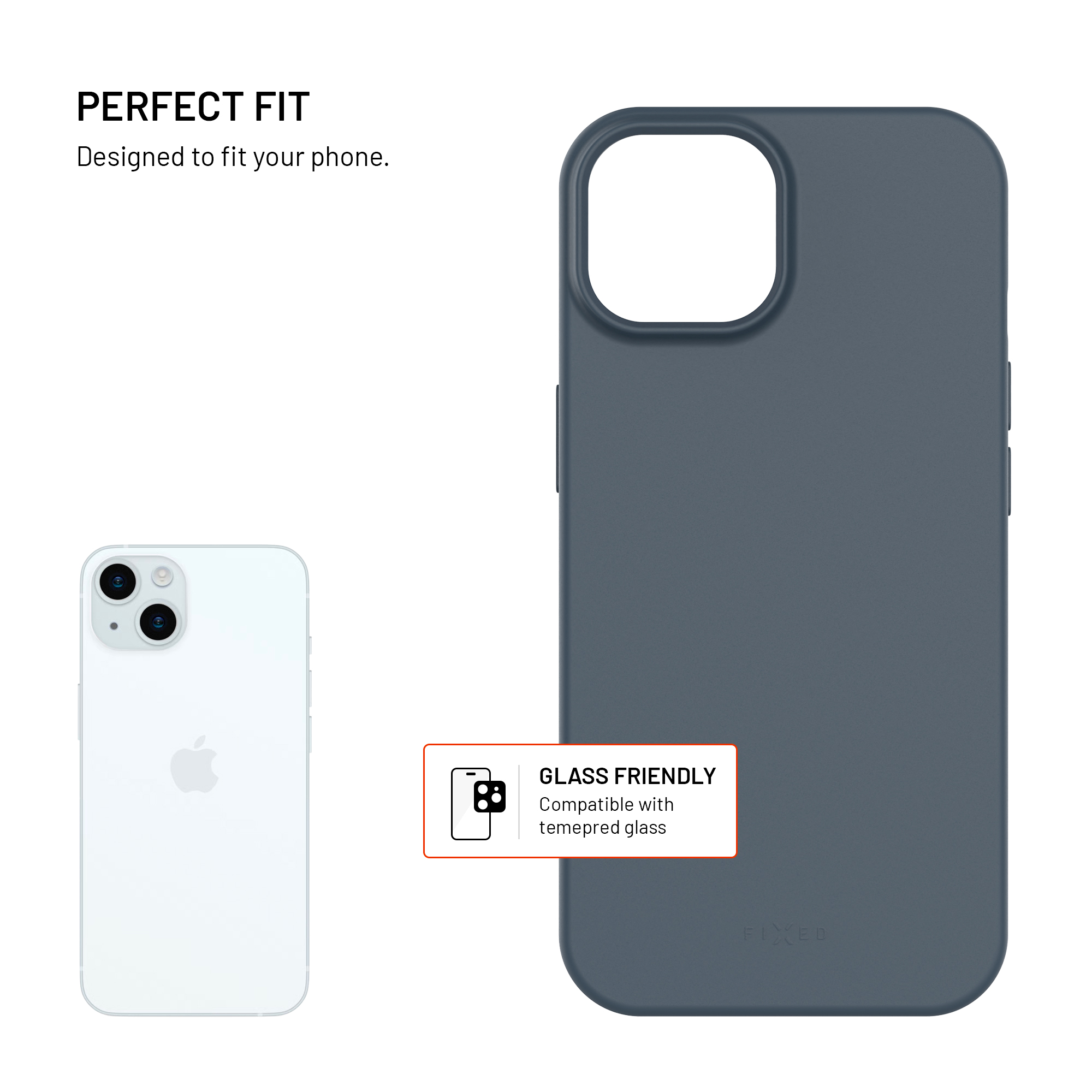 Ein weißes iPhone und eine dunkelgraue Handyhülle liegen nebeneinander.