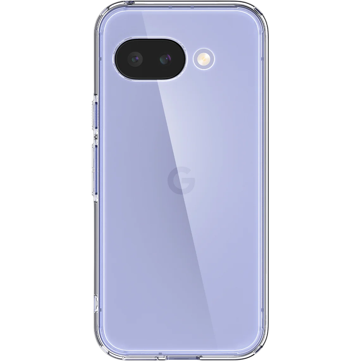 Une coque de téléphone transparente sur un téléphone lavande avec module caméra.
