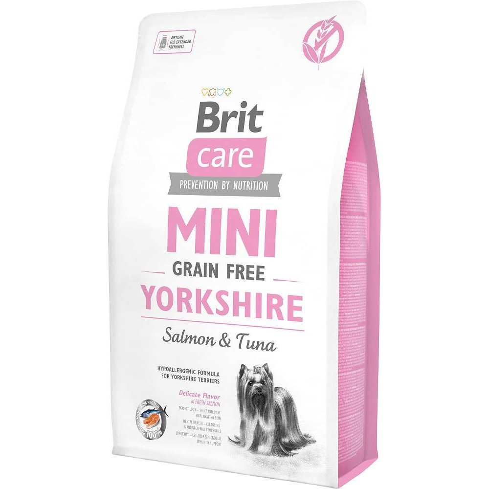 Torba karmy dla psów Brit Care dla Yorkshire Terrierów, smak łososia i tuńczyka, z obrazkiem psa.