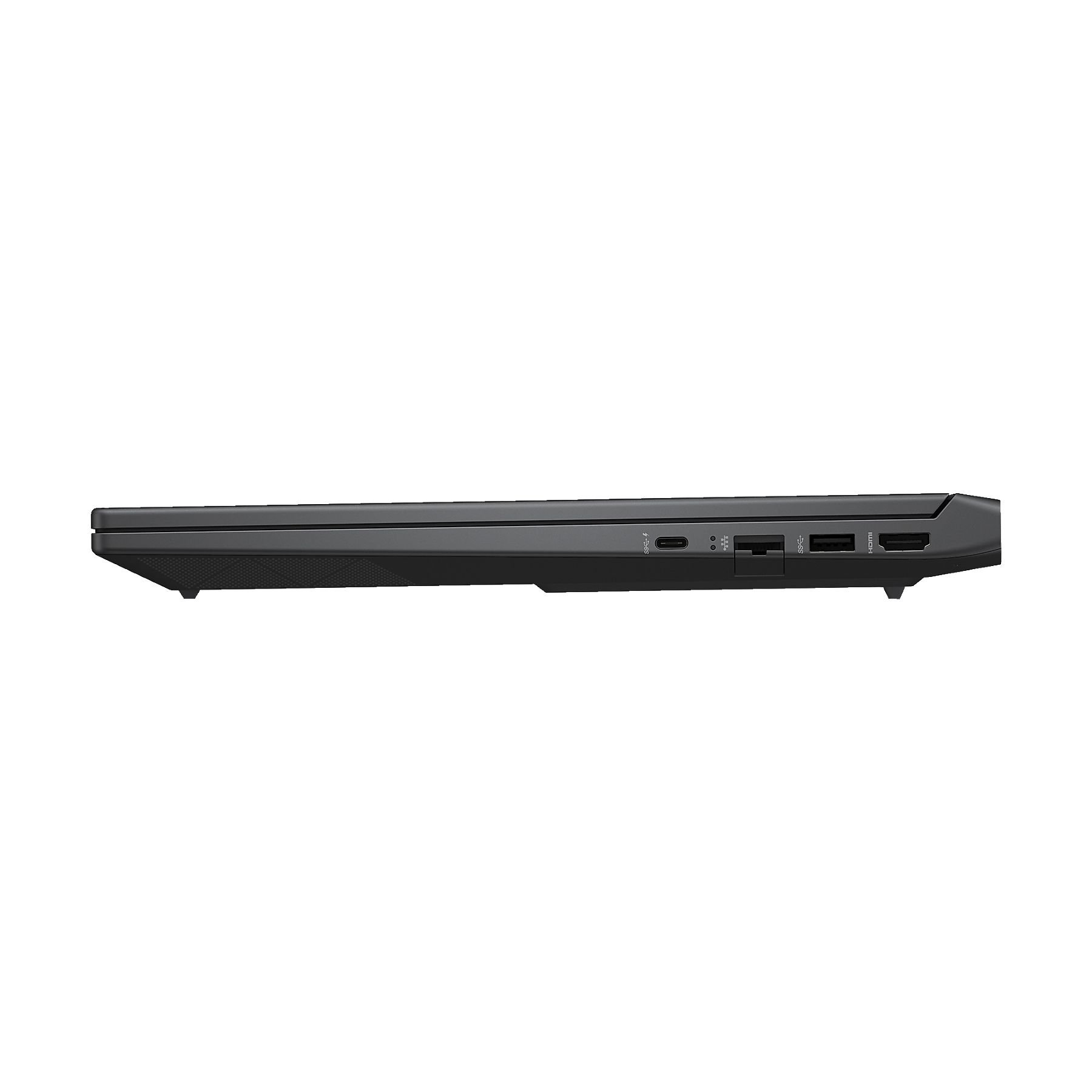 USB-C, HDMI, SD kart okuyucu bağlantı noktalarını gösteren siyah dizüstü bilgisayarın yanı.