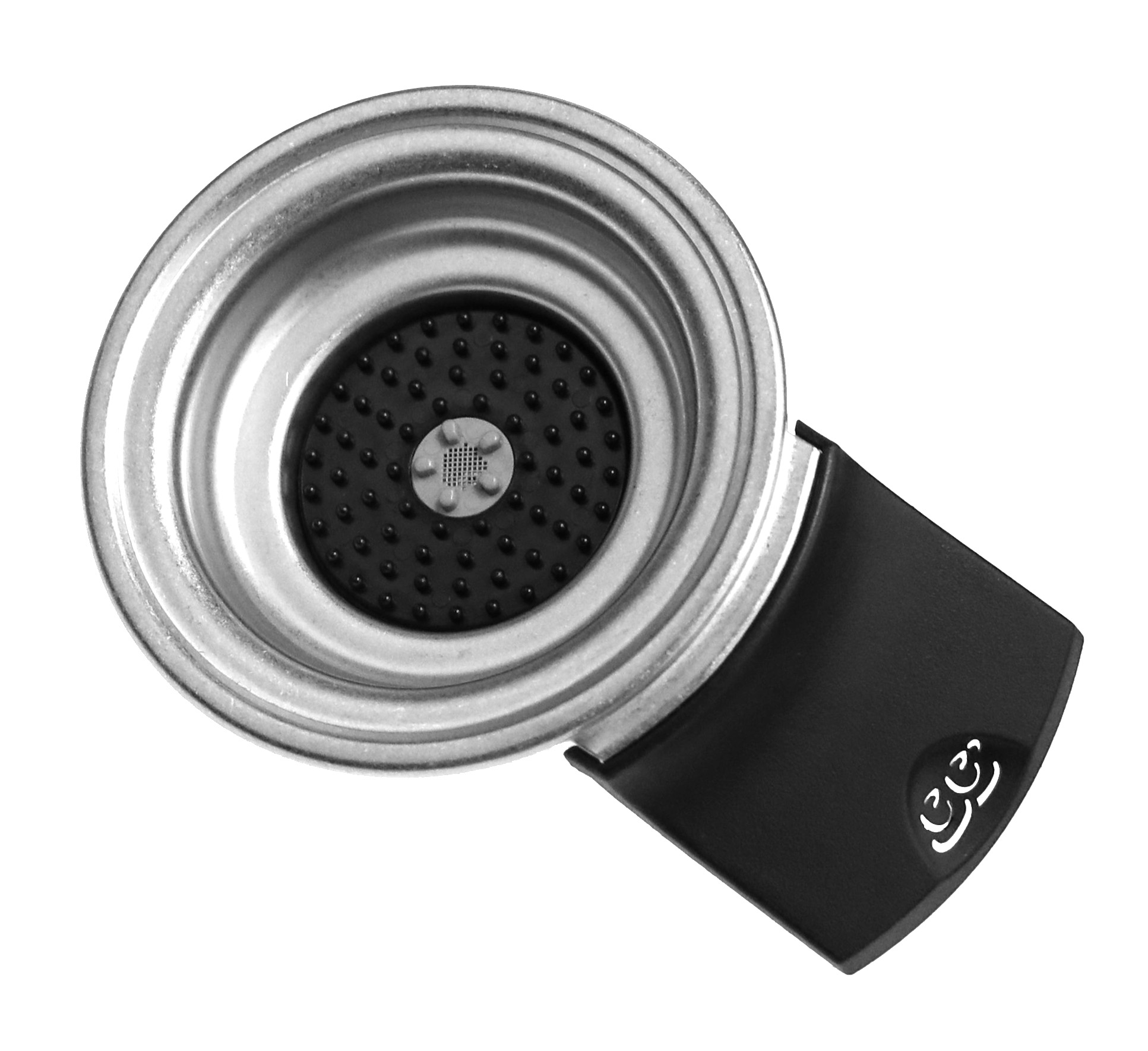 Ein silberner Kaffeefilter mit schwarzem Griff und einem Sieb.