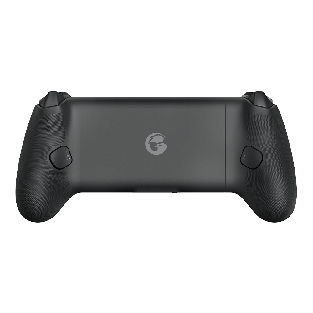 Achterkant van een zwarte controller met getextureerde grips en een logo.