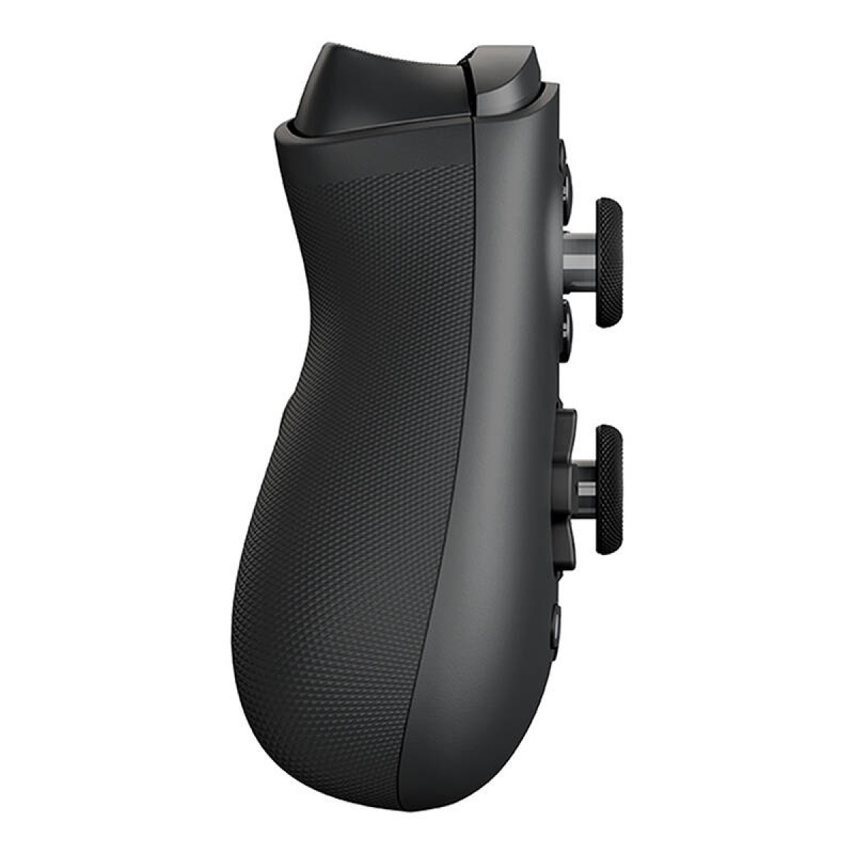 Zwarte gamecontroller met getextureerde grip en knoppen aan de zijkant.