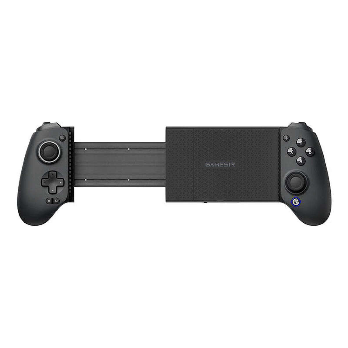 Een zwarte gamingcontroller met een telescopisch middenstuk en handvatten.