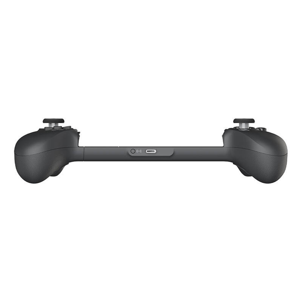 Een zwarte gamecontroller met joysticks en knoppen, tegen een witte achtergrond.