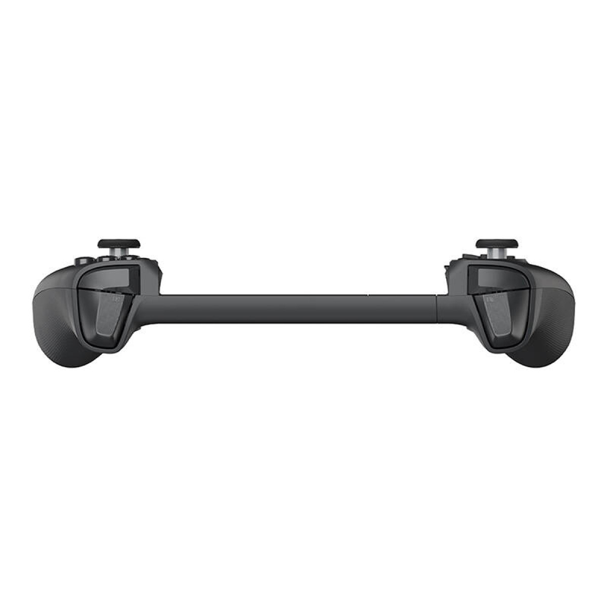 Een zwarte, horizontale gamingcontroller met joysticks aan beide uiteinden.