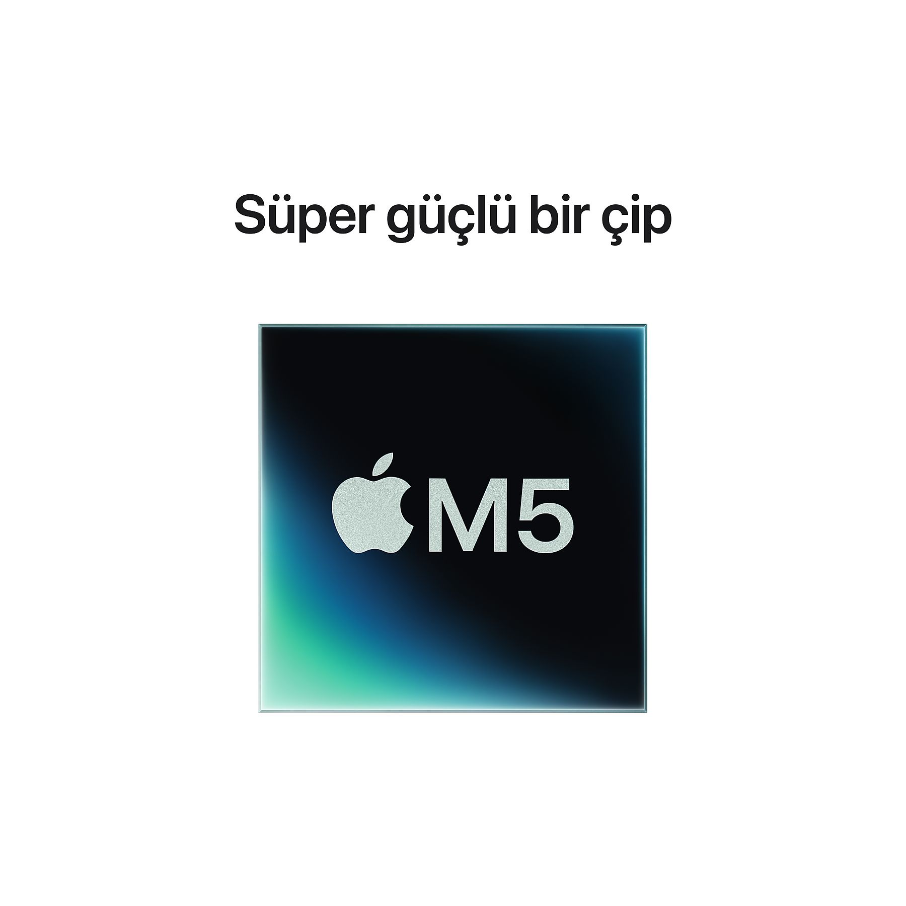 Renkli gradyanli siyah arka planda bir Apple M5 çipi.