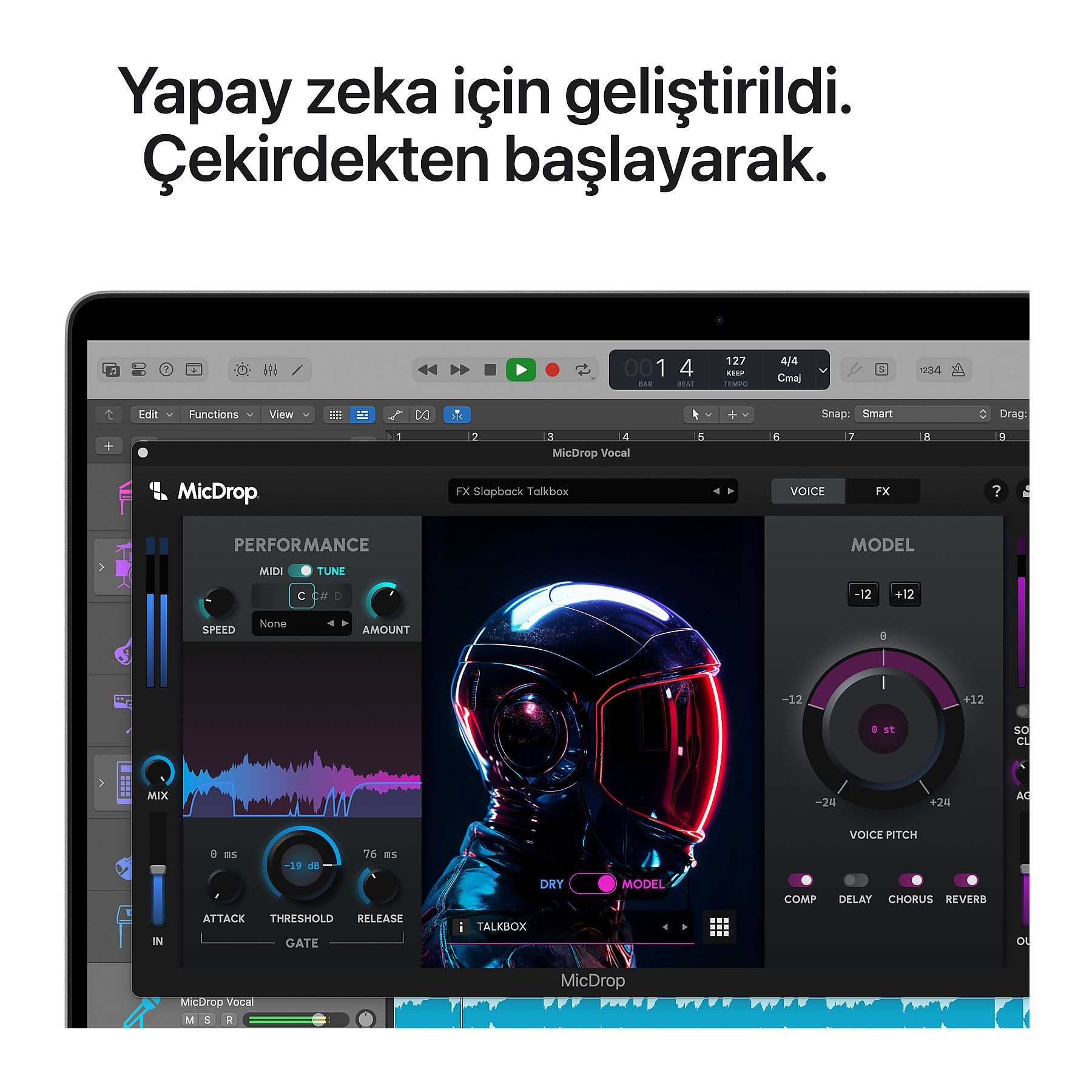 Kask avatarı ve ses parametrelerini gösteren müzik yazılımı ekran görüntüsü.