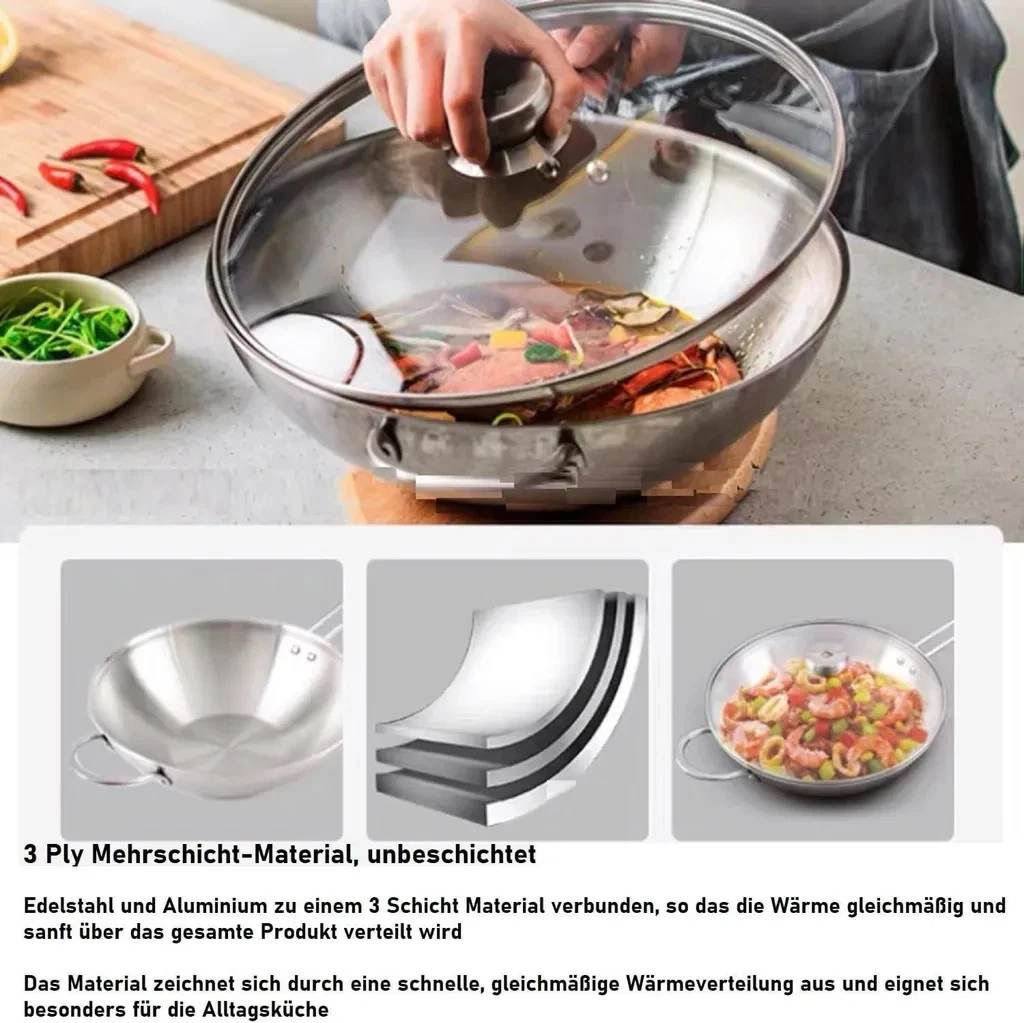 Eine Person kocht mit einem Wok aus Edelstahl mit Glasdeckel. Drei Detailbilder zeigen den Wok, das Material und den Inhalt.