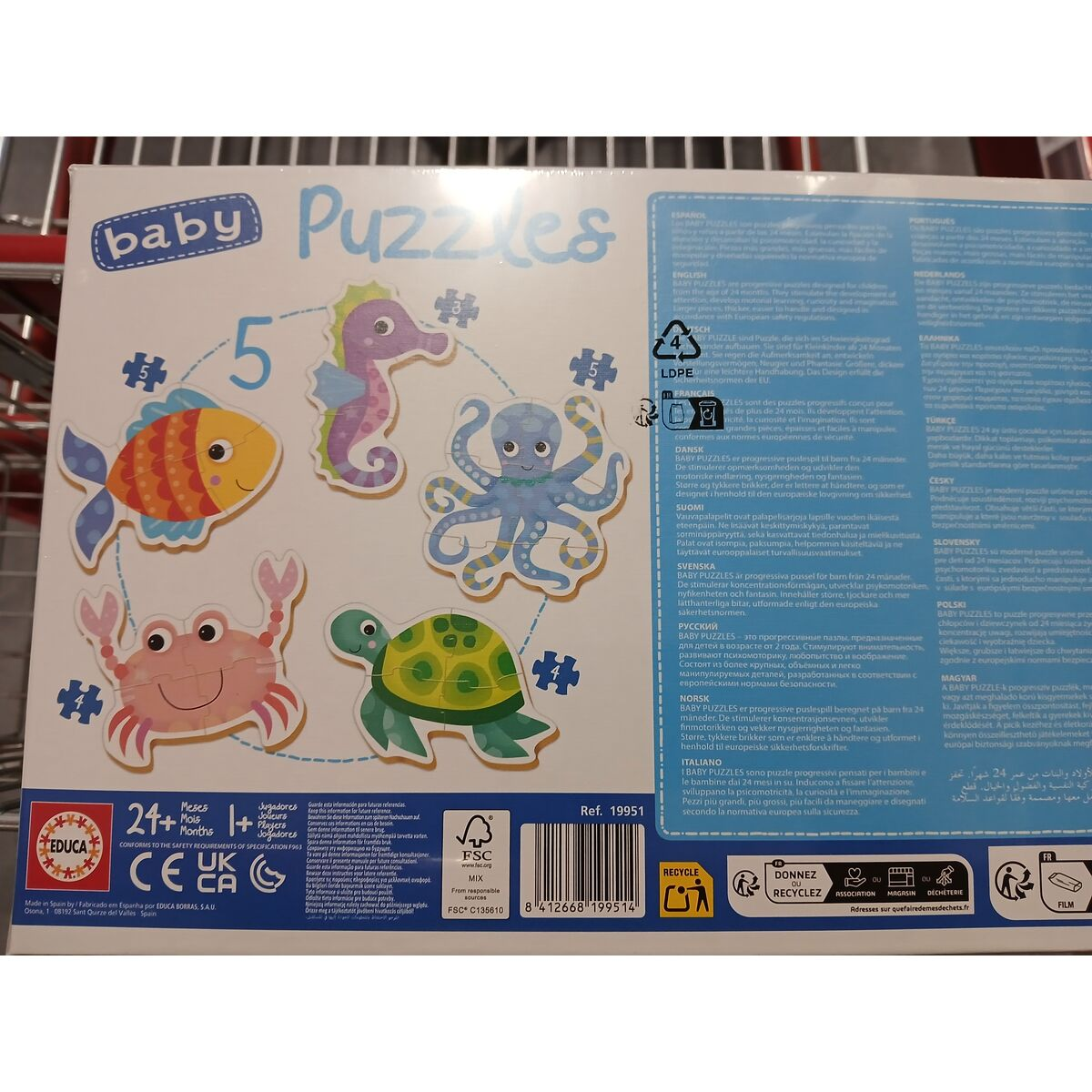 Baby-Puzzle mit Fisch, Seepferdchen, Oktopus, Krabbe und Schildkröte.