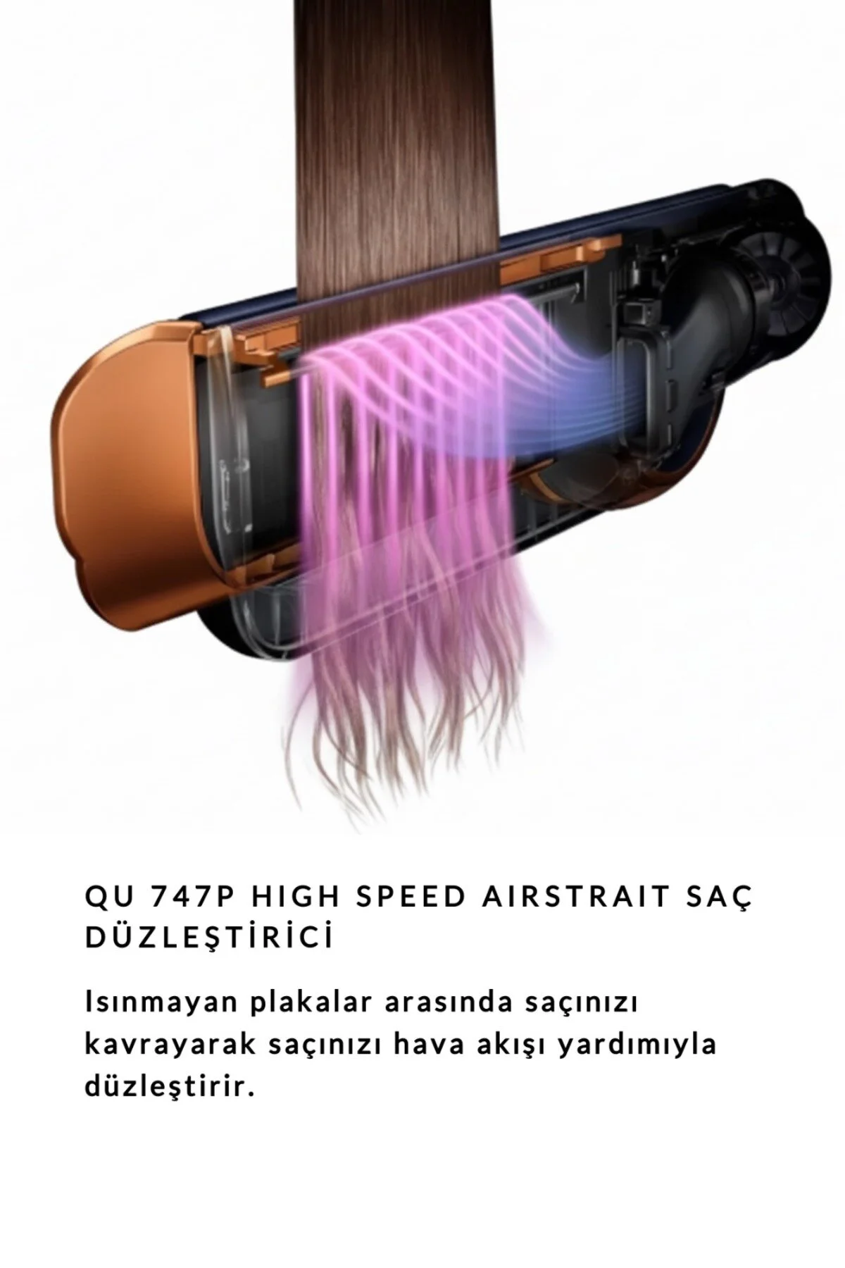 Isıtılmayan plakalar arasında hava akımıyla saçı düzelten ürün.