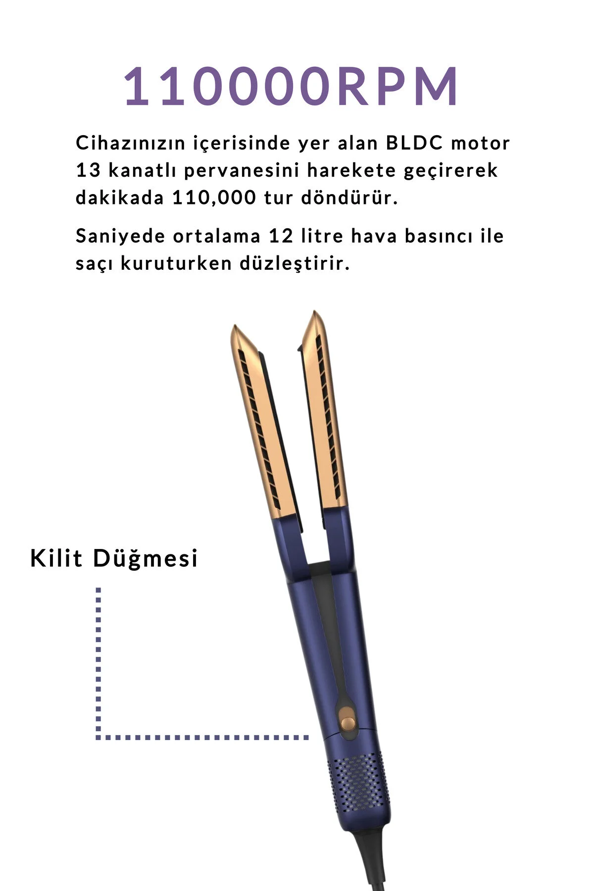Altın rengi vurgulu, koyu mavi saç düzleştirici ve güç göstergesi.