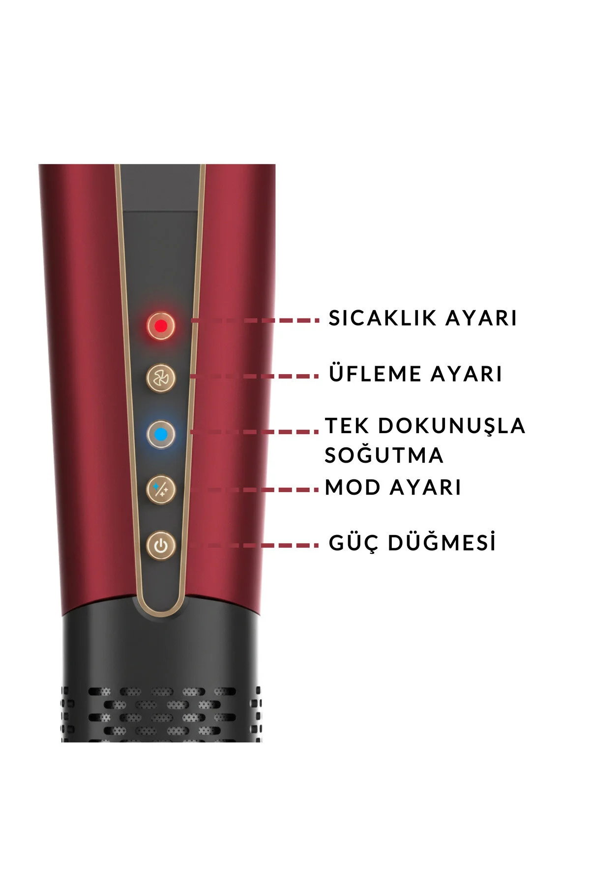 Kontrol düğmeleri ve etiketleri olan kırmızı saç düzleştirici.