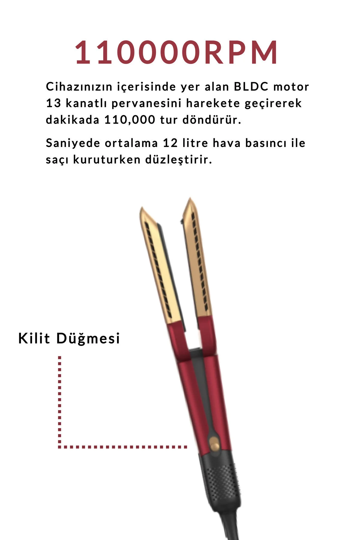 Altın plakalı kırmızı saç düzleştirici, 110000 RPM ve kilitleme düğmesi gösteriyor.