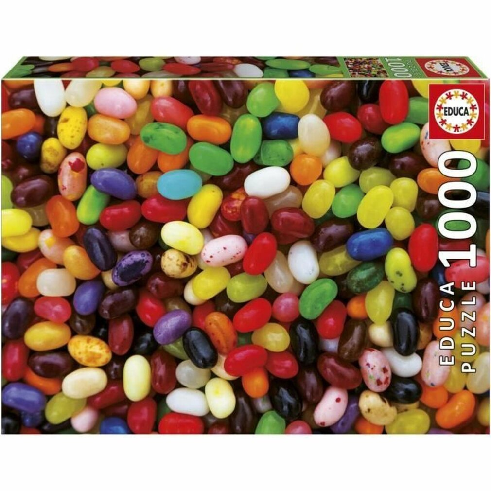 Jelly beans de colores llenan una caja de rompecabezas de 1000 piezas.