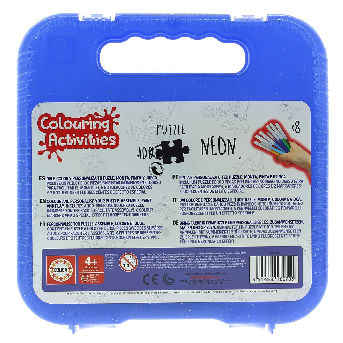 Caja azul con logo "Colouring Activities", piezas de puzzle y rotuladores neón.