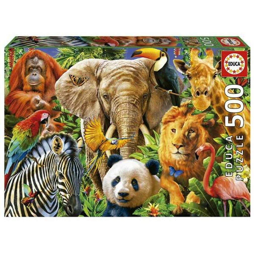Ein Puzzle mit Tieren: Elefant, Löwe, Giraffe, Panda, Orang-Utan, Zebra, Papageien, Flamingo, Tukan.
