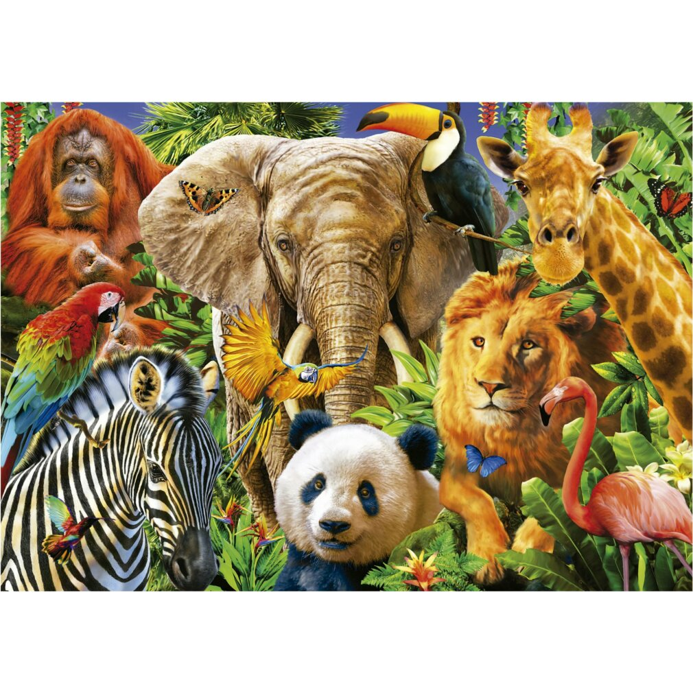Ein Elefant, Löwe, Orang-Utan, Giraffe, Panda, Zebra, Papageien, Flamingo und Tukan.