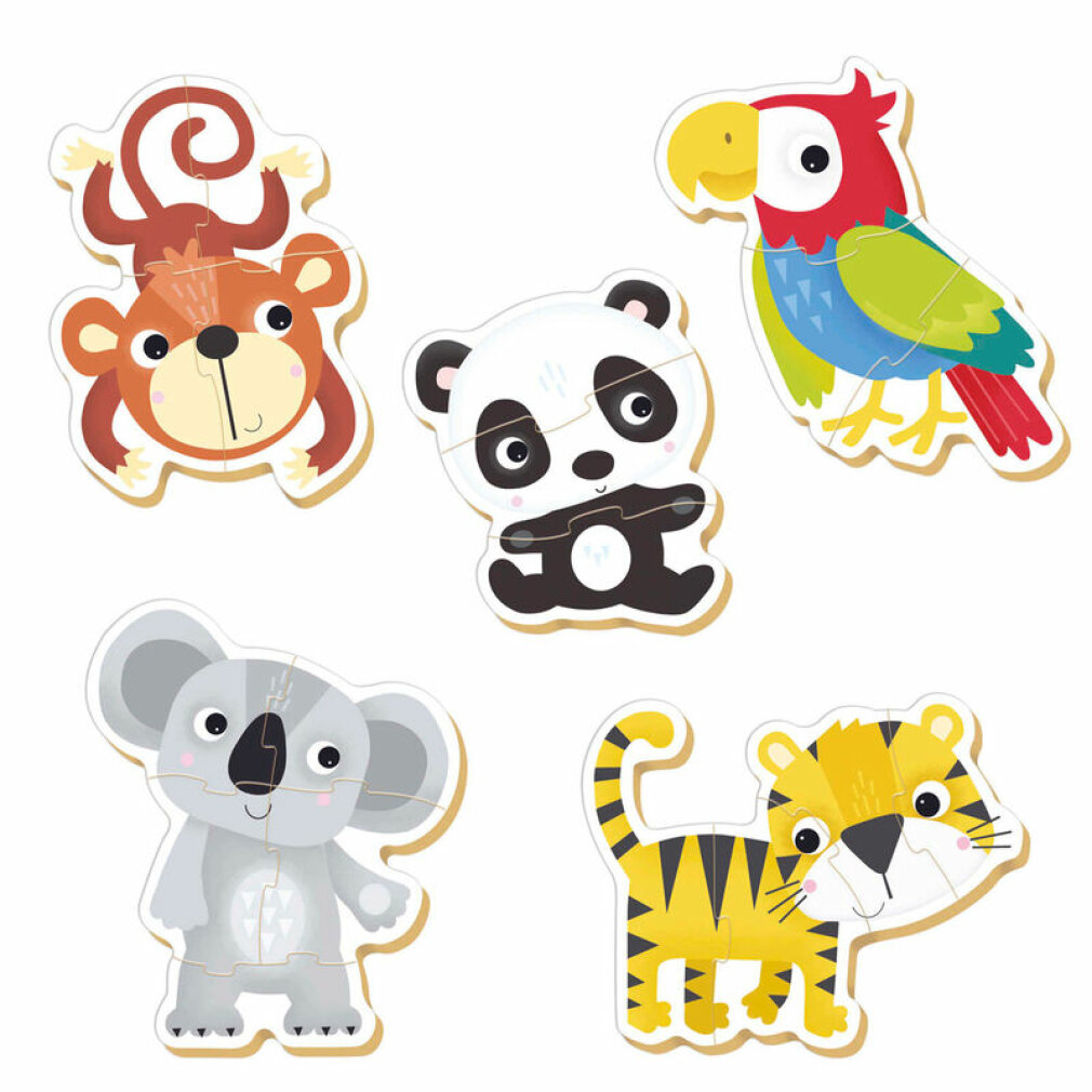 Fünf bunte Puzzle-Tiere: Affe, Panda, Papagei, Koala und Tiger.